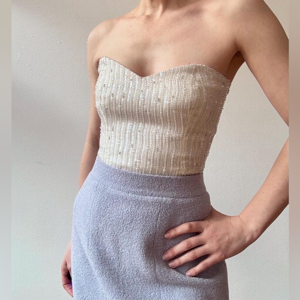 Armani Collezioni Silk Beaded Corset Top Ivory Strapless Italy 8